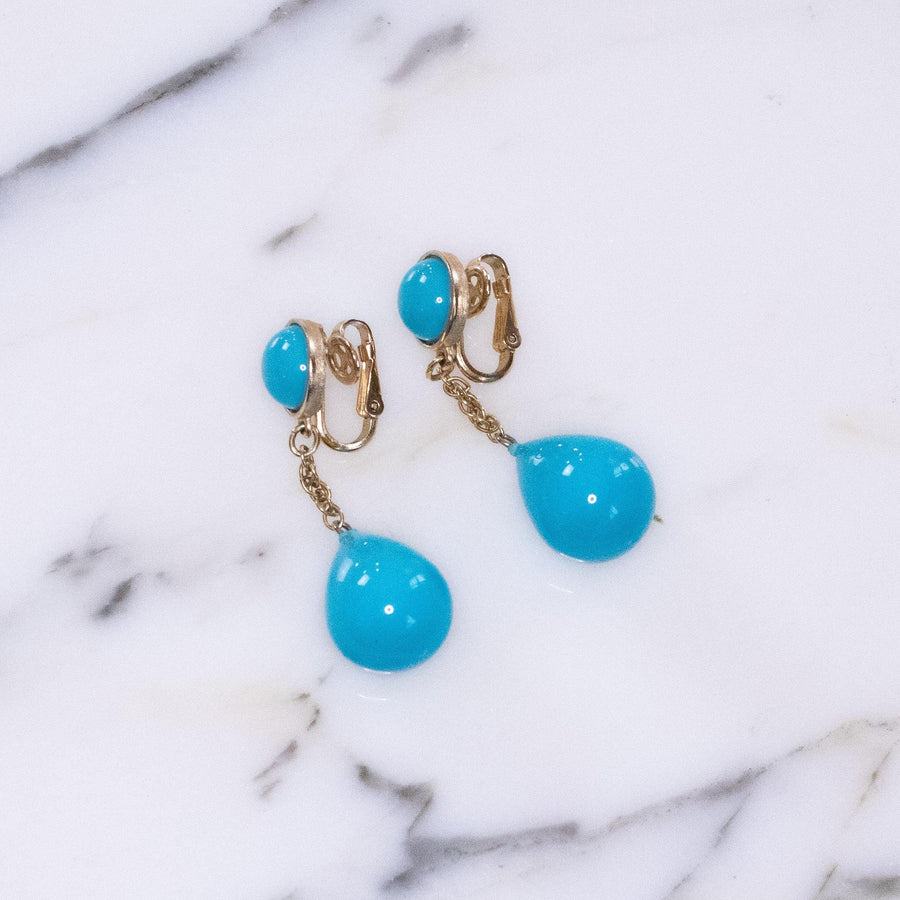 Vintage Crown Trifari Turquoise Lucite Dangling Drop Earrings by Crown Trifari - Vintage Meet Modern Vintage Jewelry - Chicago, Illinois - #oldhollywoodglamour #vintagemeetmodern #designervintage #jewelrybox #antiquejewelry #vintagejewelry