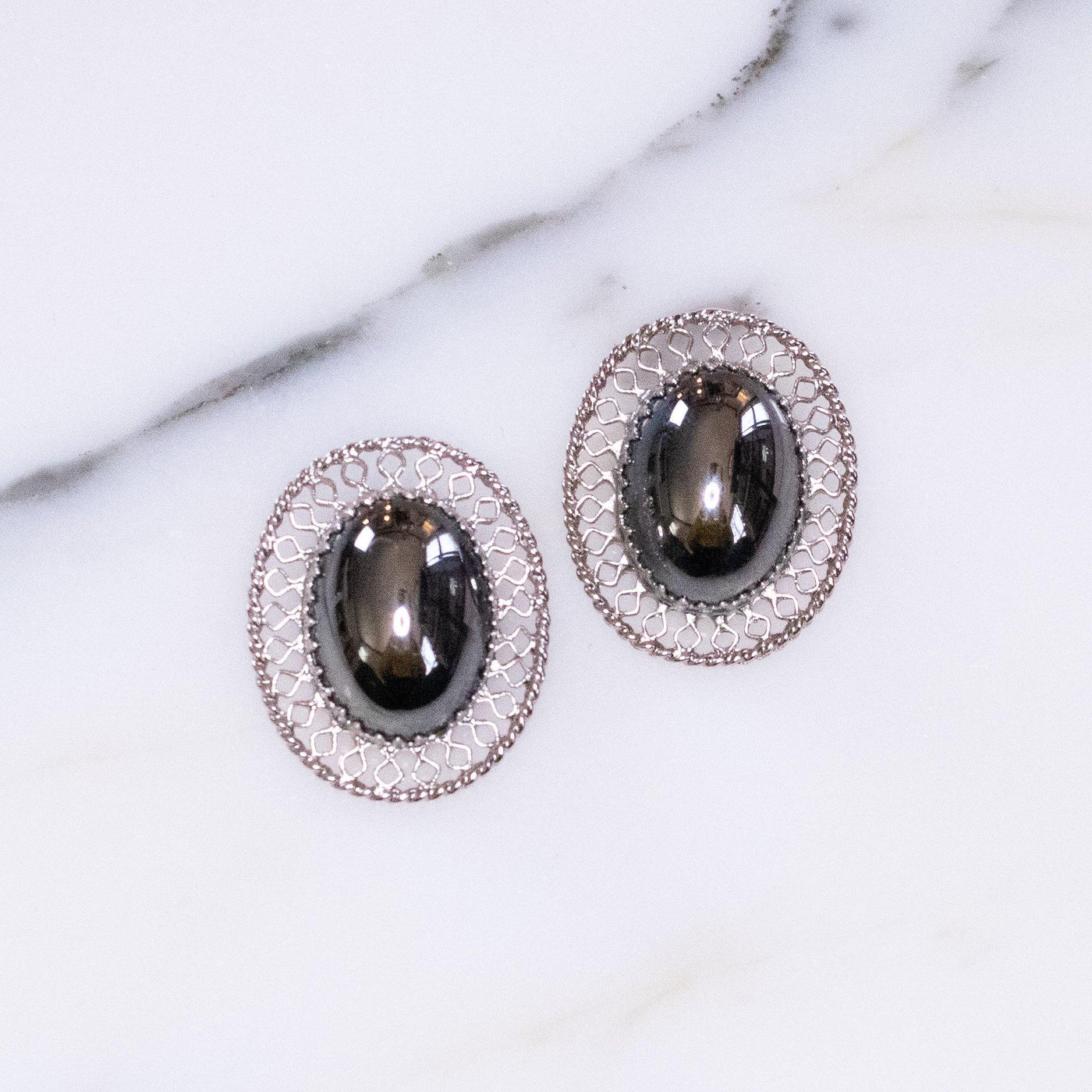 Vintage Whiting and Davis Hematite Earrings with Silver Lattice Details