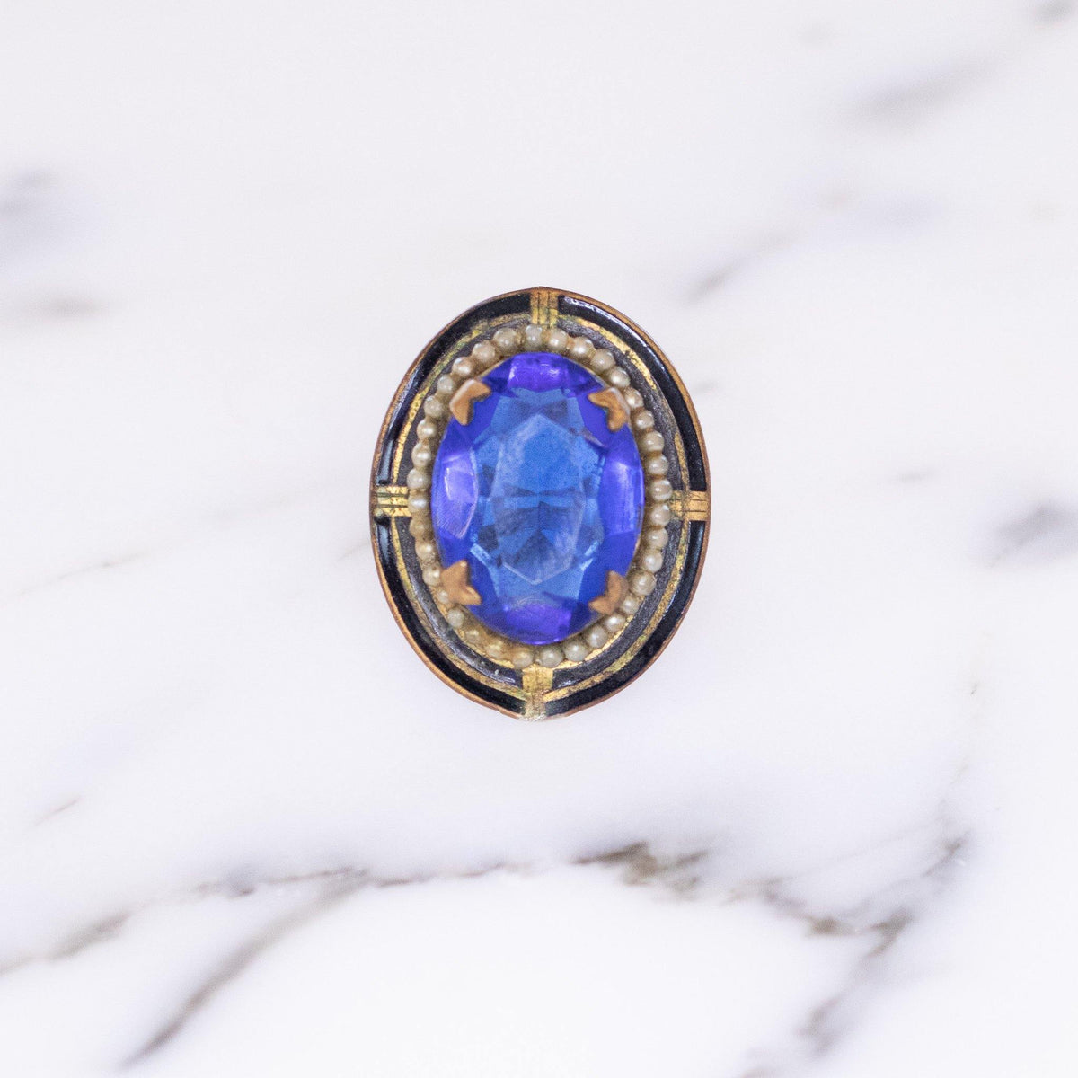 Vintage Blue Victorian Revival Style Statement Ring With faux Pearl Halo