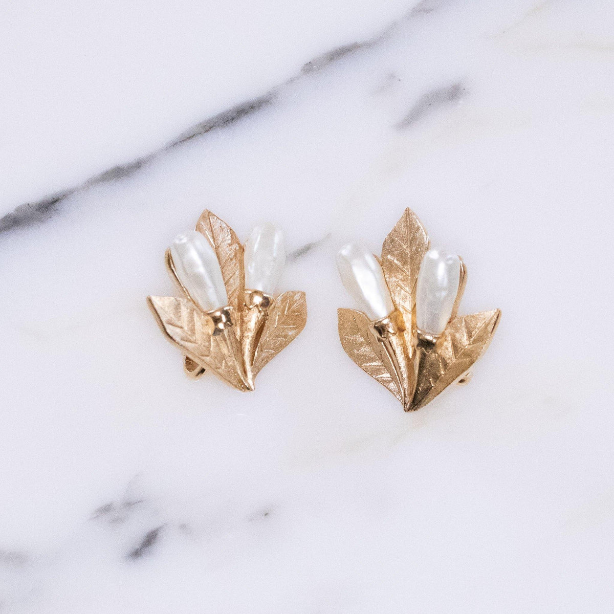Gold Trifari Cattail Earrings, Gold with Faux Pearl