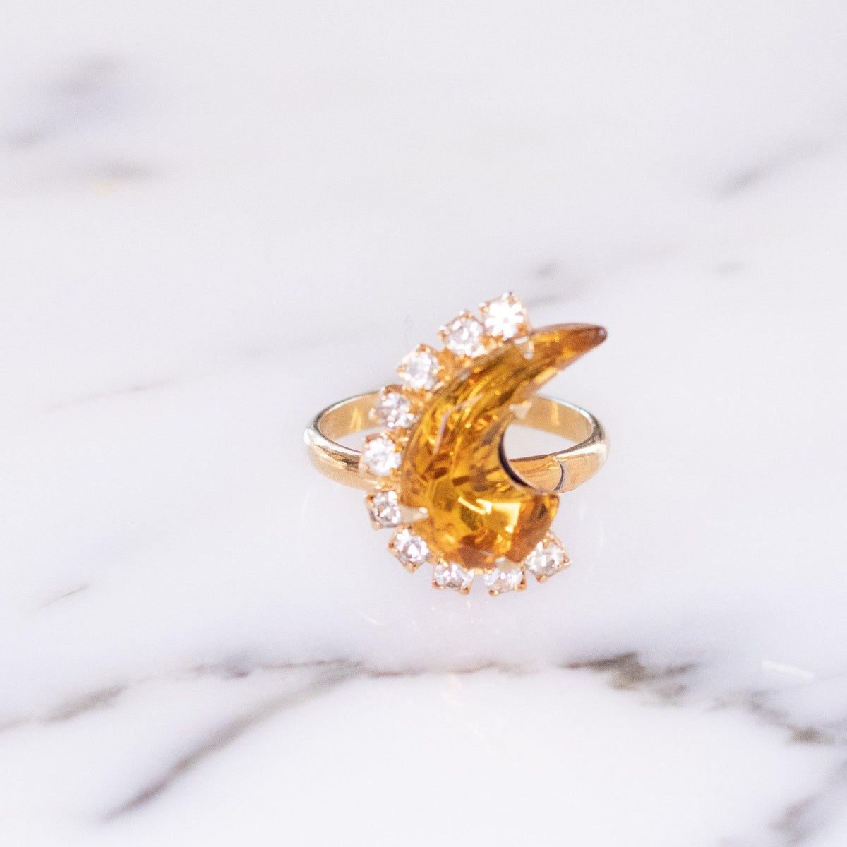 Vintage 1950s Yellow Crystal Crescent Cocktail Statement Ring