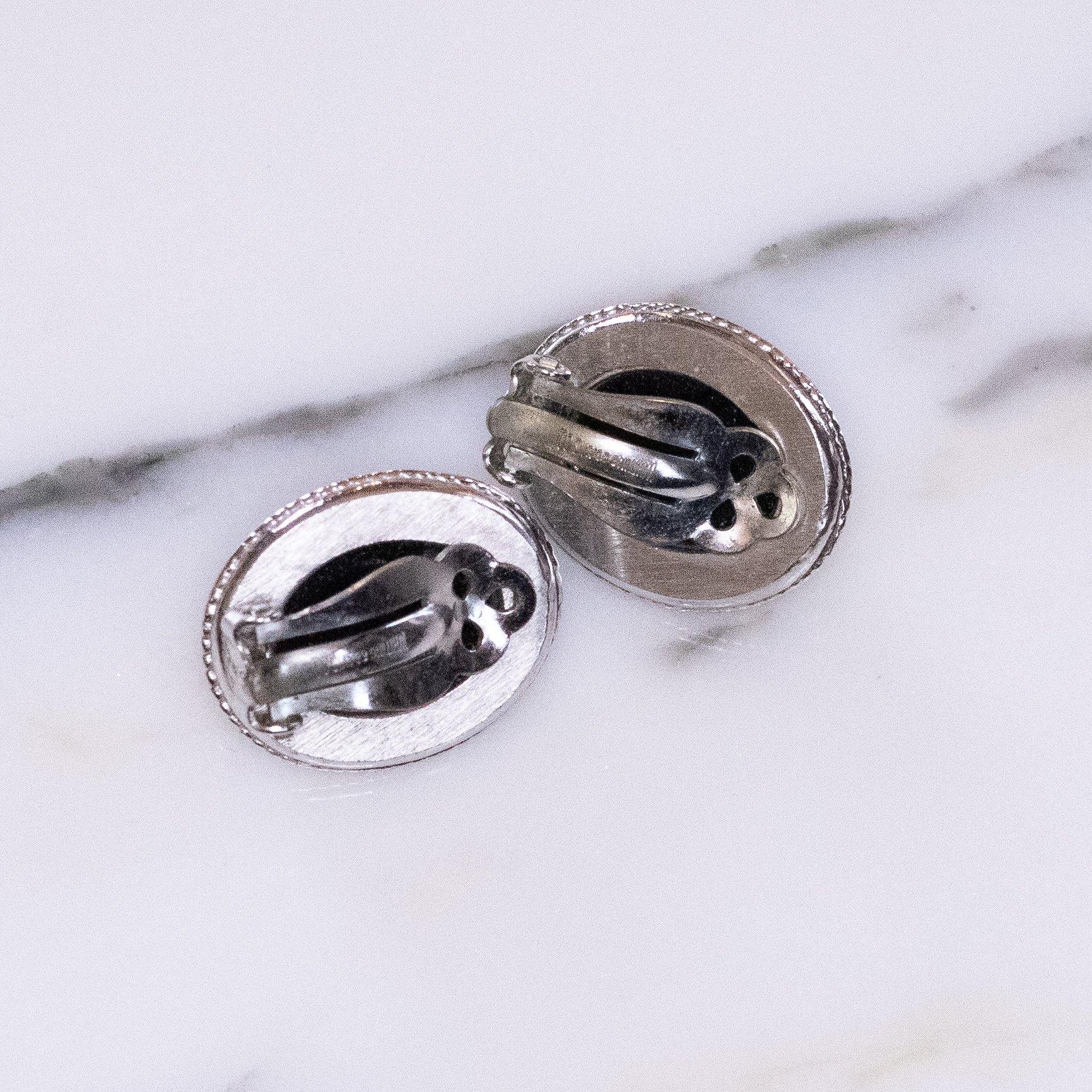 Vintage Whiting and Davis Victorian Revival Oval Hematite Glass Statement Earrings by Vintage Meet Modern - Vintage Meet Modern Vintage Jewelry - Chicago, Illinois - #oldhollywoodglamour #vintagemeetmodern #designervintage #jewelrybox #antiquejewelry #vintagejewelry