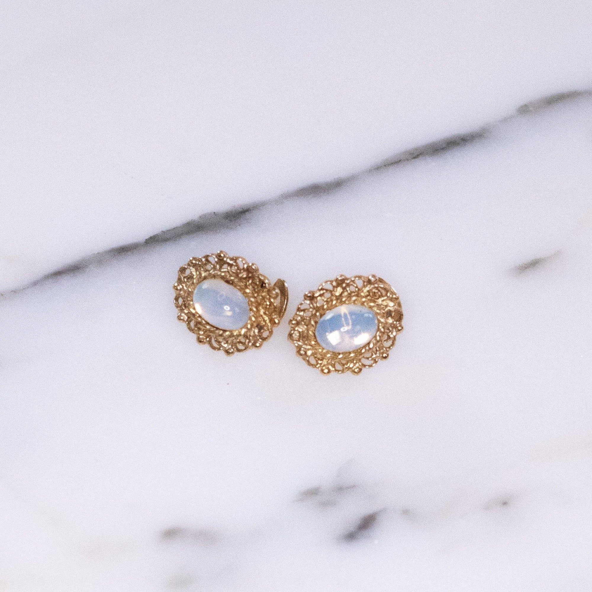 Vintage Dainty Opaline Glass Earrings with Gold Tone Setting by Vintage Meet Modern - Vintage Meet Modern Vintage Jewelry - Chicago, Illinois - #oldhollywoodglamour #vintagemeetmodern #designervintage #jewelrybox #antiquejewelry #vintagejewelry