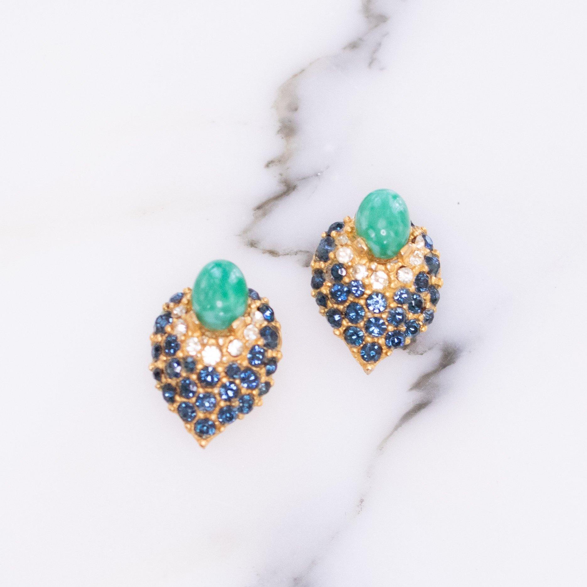 Vintage Faux Jade, Sapphire Crystal and Diamante Earrings by Vintage Meet Modern - Vintage Meet Modern Vintage Jewelry - Chicago, Illinois - #oldhollywoodglamour #vintagemeetmodern #designervintage #jewelrybox #antiquejewelry #vintagejewelry