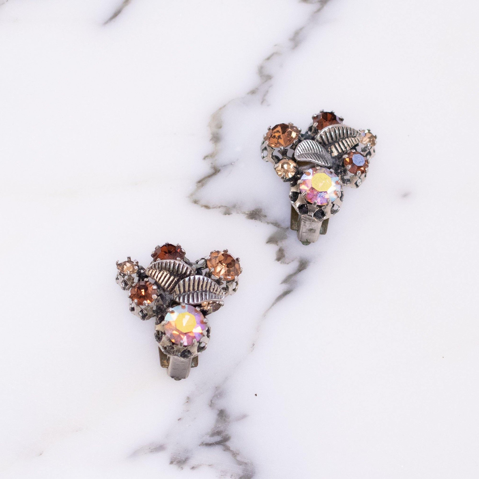Vintage Made in Austria Rhinestone Aurora Borealis and Citrine Rhinestone Earrings with Leaves by 1960s - Vintage Meet Modern Vintage Jewelry - Chicago, Illinois - #oldhollywoodglamour #vintagemeetmodern #designervintage #jewelrybox #antiquejewelry #vintagejewelry