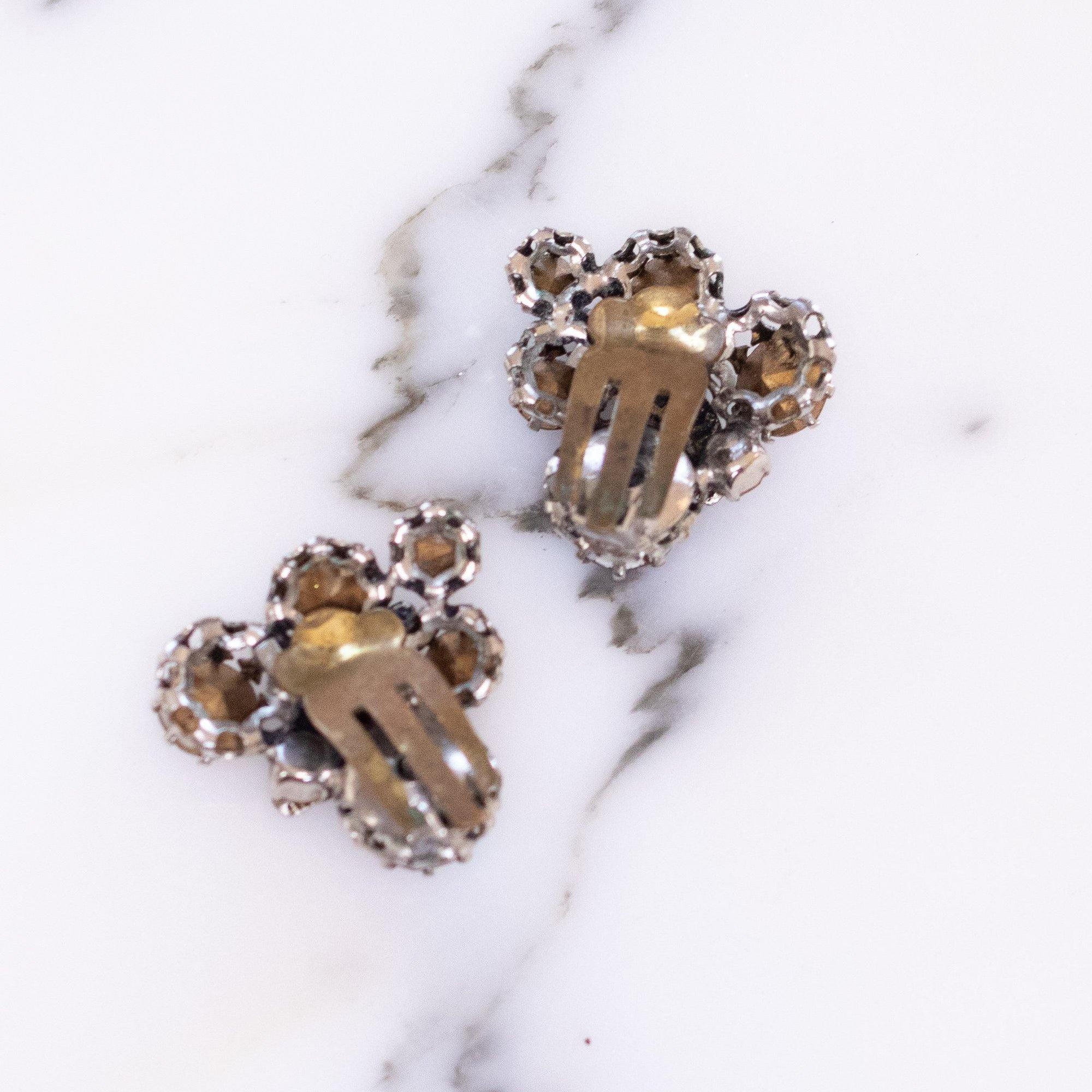 Vintage Made in Austria Rhinestone Aurora Borealis and Citrine Rhinestone Earrings with Leaves by 1960s - Vintage Meet Modern Vintage Jewelry - Chicago, Illinois - #oldhollywoodglamour #vintagemeetmodern #designervintage #jewelrybox #antiquejewelry #vintagejewelry