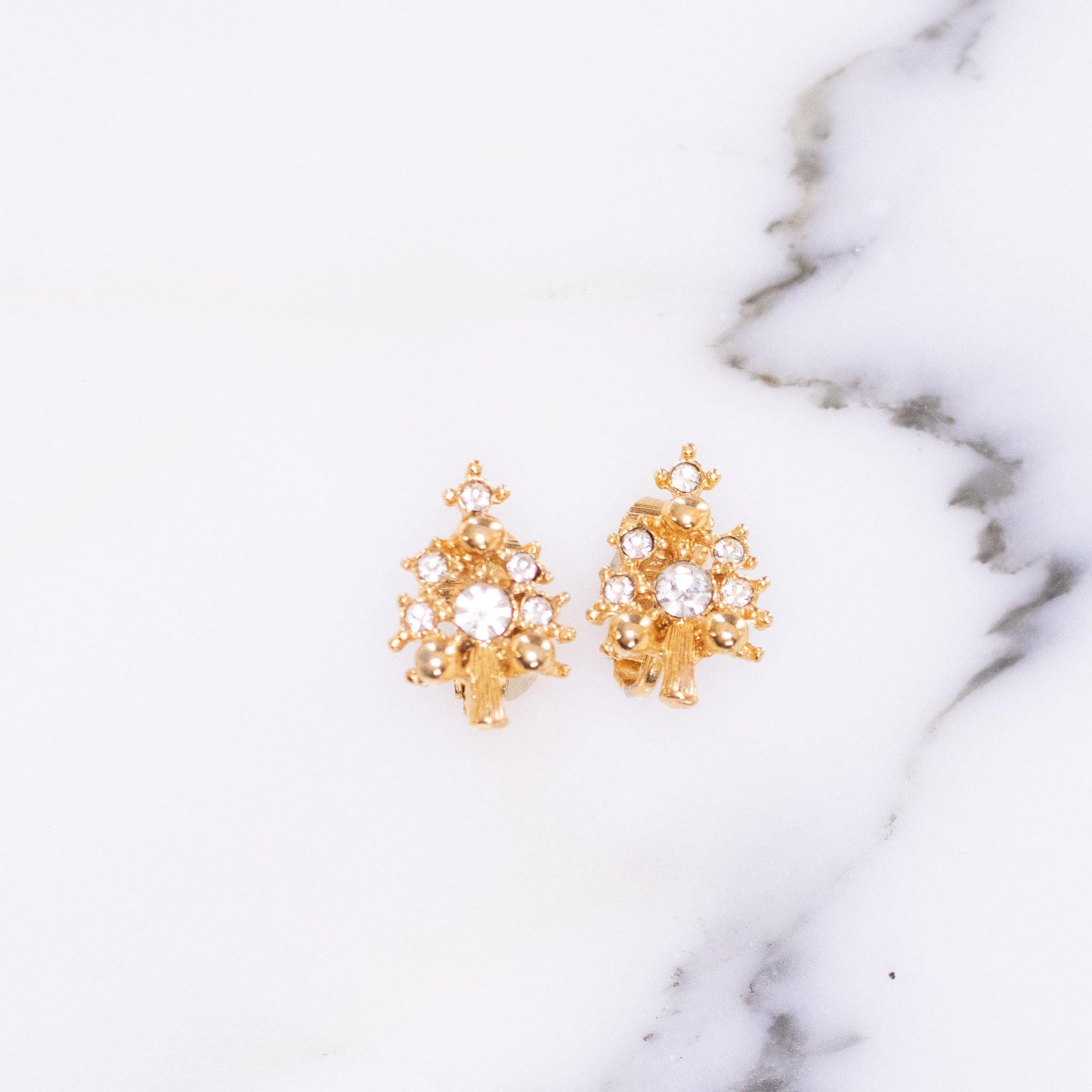 Vintage Gold Christmas Tree Earrings with Diamante Rhinestones by Vintage Meet Modern - Vintage Meet Modern Vintage Jewelry - Chicago, Illinois - #oldhollywoodglamour #vintagemeetmodern #designervintage #jewelrybox #antiquejewelry #vintagejewelry