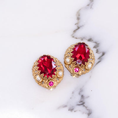 Vintage West Germany Red Crystal Earrings with Pink Rhinestones and Pearls by Vintage Meet Modern - Vintage Meet Modern Vintage Jewelry - Chicago, Illinois - #oldhollywoodglamour #vintagemeetmodern #designervintage #jewelrybox #antiquejewelry #vintagejewelry