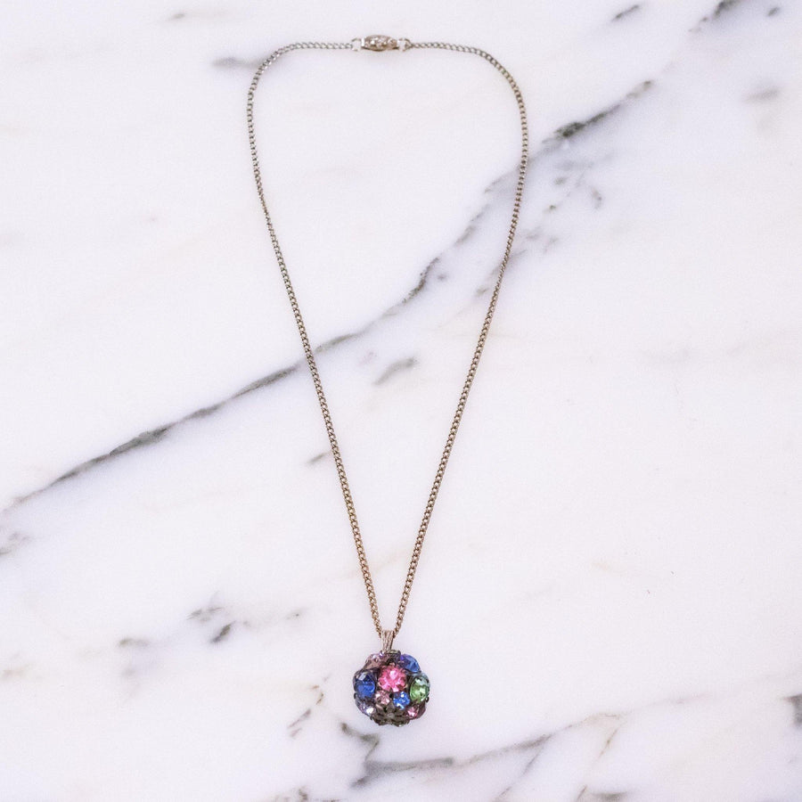 Vintage Rainbow Colored Rhinestone Ball Pendant, Silver Tone Setting by 1960s - Vintage Meet Modern Vintage Jewelry - Chicago, Illinois - #oldhollywoodglamour #vintagemeetmodern #designervintage #jewelrybox #antiquejewelry #vintagejewelry