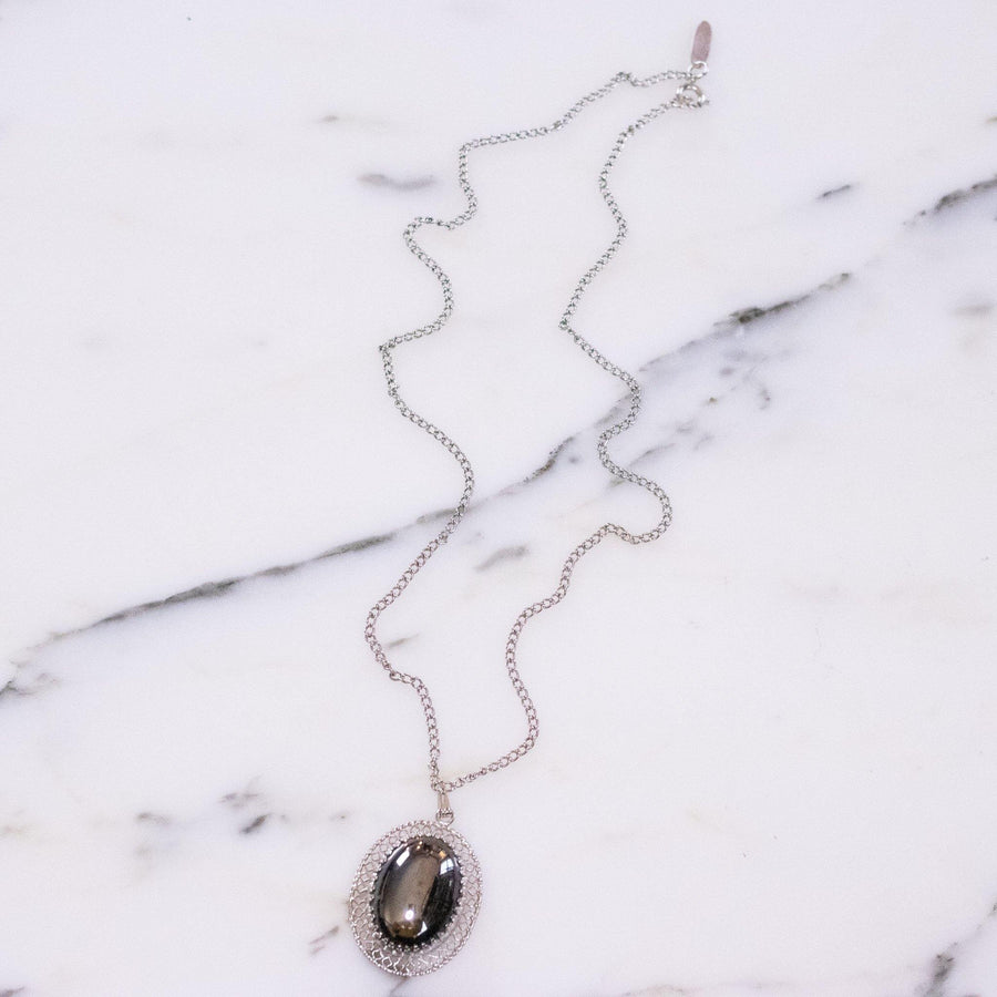 Vintage Whiting and Davis Hematite Pendant Necklace Set in Silver Tone by Whiting and Davis - Vintage Meet Modern Vintage Jewelry - Chicago, Illinois - #oldhollywoodglamour #vintagemeetmodern #designervintage #jewelrybox #antiquejewelry #vintagejewelry