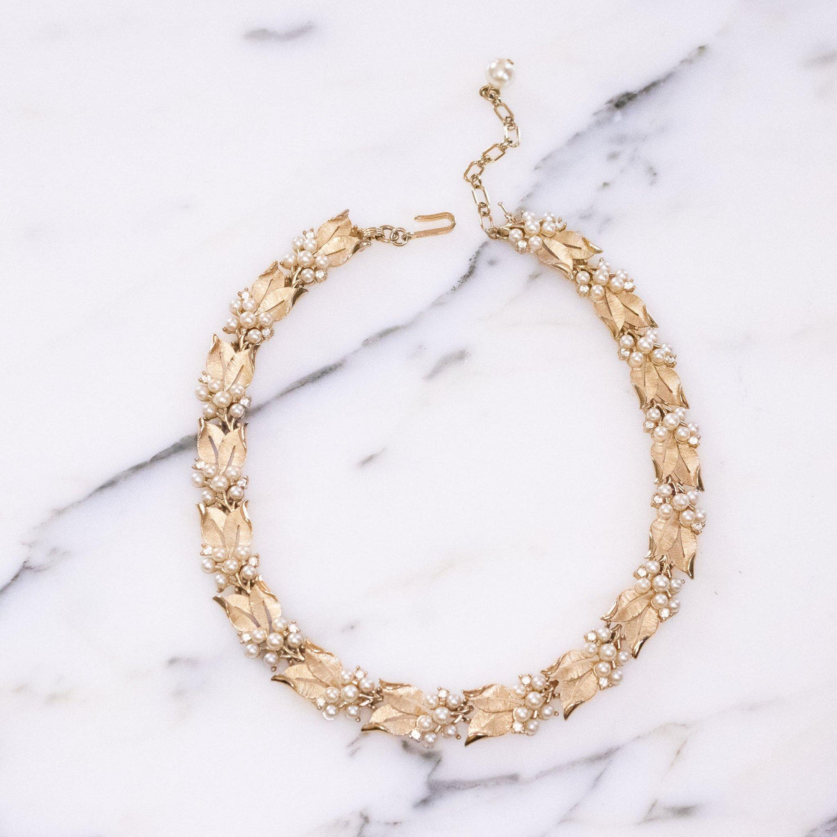 Vintage Crown Trifari Gold Necklace with Faux Pearls and Diamante Crystals