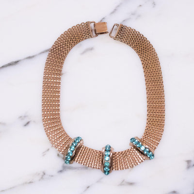 Vintage 1940s Mesh Collar Necklace with Blue Rhinestones by Vintage Meet Modern - Vintage Meet Modern Vintage Jewelry - Chicago, Illinois - #oldhollywoodglamour #vintagemeetmodern #designervintage #jewelrybox #antiquejewelry #vintagejewelry