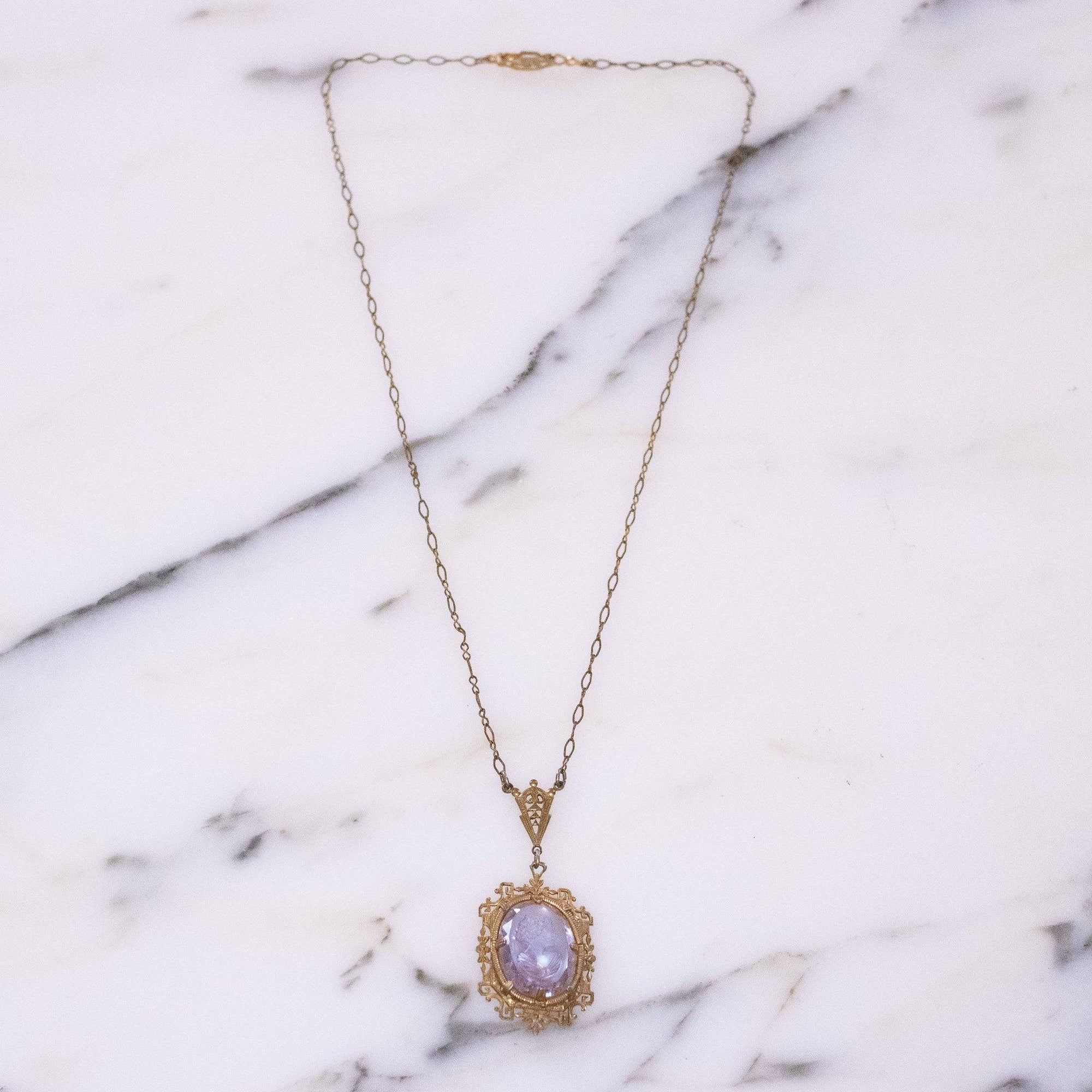 Vintage Edwardian Era Etched Amethyst Glass Cameo Pendant Necklace by Vintage Meet Modern - Vintage Meet Modern Vintage Jewelry - Chicago, Illinois - #oldhollywoodglamour #vintagemeetmodern #designervintage #jewelrybox #antiquejewelry #vintagejewelry