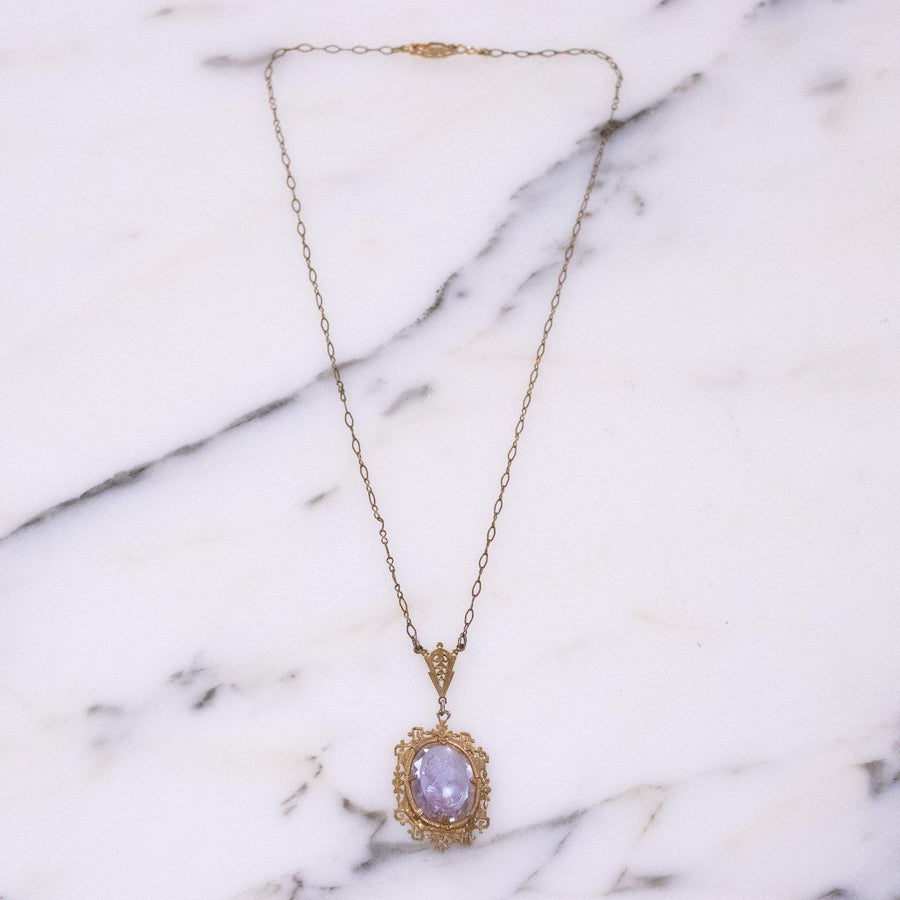 Vintage Edwardian Era Etched Amethyst Glass Cameo Pendant Necklace by Vintage Meet Modern - Vintage Meet Modern Vintage Jewelry - Chicago, Illinois - #oldhollywoodglamour #vintagemeetmodern #designervintage #jewelrybox #antiquejewelry #vintagejewelry