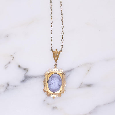 Vintage Edwardian Era Etched Amethyst Glass Cameo Pendant Necklace by Vintage Meet Modern - Vintage Meet Modern Vintage Jewelry - Chicago, Illinois - #oldhollywoodglamour #vintagemeetmodern #designervintage #jewelrybox #antiquejewelry #vintagejewelry