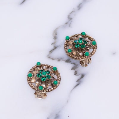 Vintage Round Flower Earrings With Jade Green Beads, Green Lucite Beads, Gold Tone Setting, Clip-on by 1950s - Vintage Meet Modern Vintage Jewelry - Chicago, Illinois - #oldhollywoodglamour #vintagemeetmodern #designervintage #jewelrybox #antiquejewelry #vintagejewelry