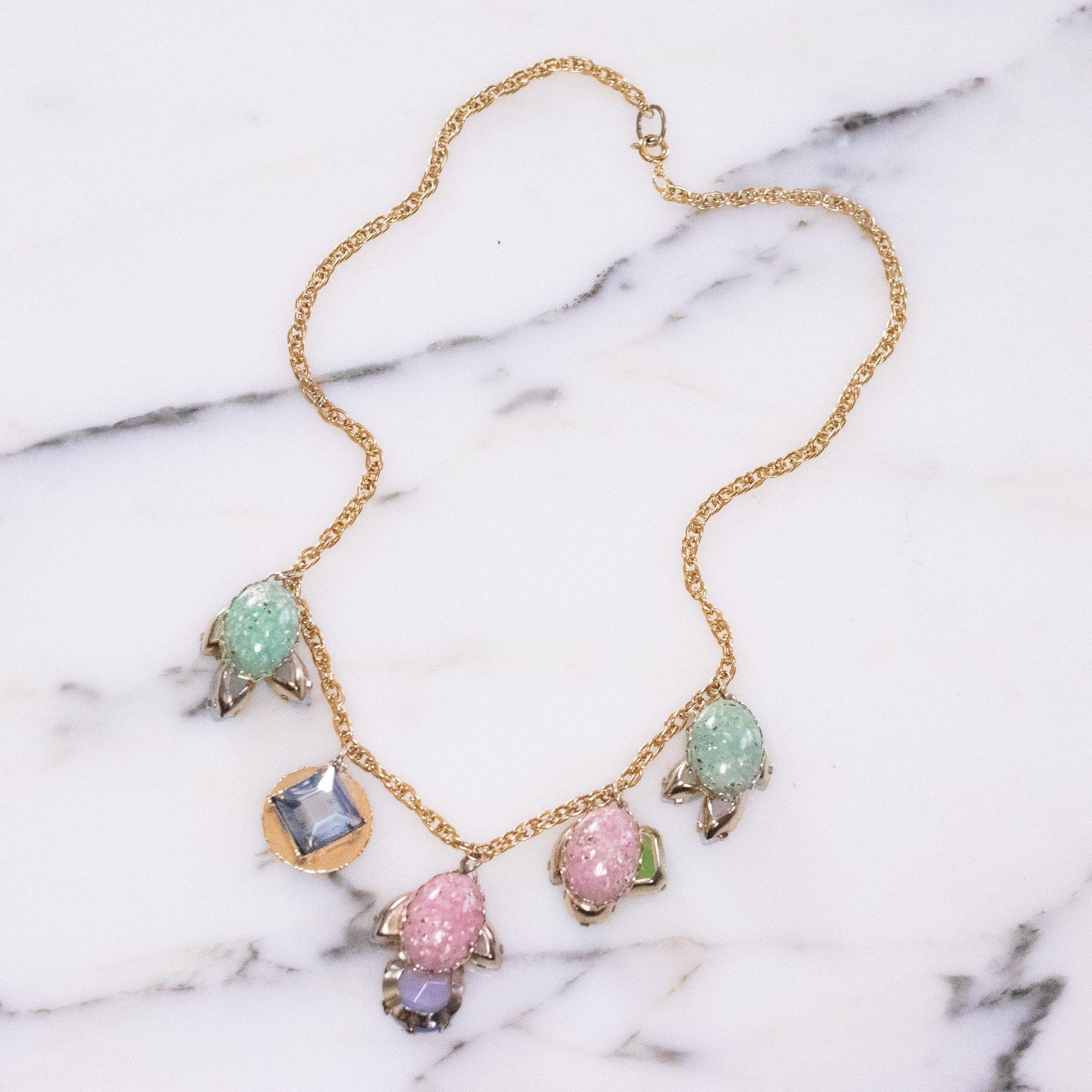 Vintage Purple, Blue, and Green Rhinestone Charm Necklace by Vintage Meet Modern - Vintage Meet Modern Vintage Jewelry - Chicago, Illinois - #oldhollywoodglamour #vintagemeetmodern #designervintage #jewelrybox #antiquejewelry #vintagejewelry