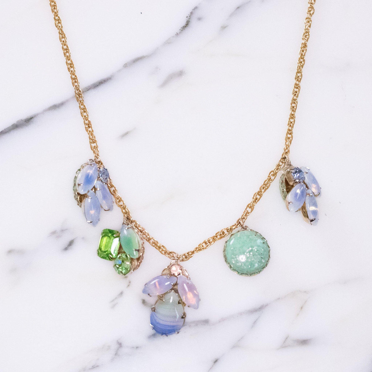 Vintage Purple, Blue, and Green Rhinestone Charm Necklace