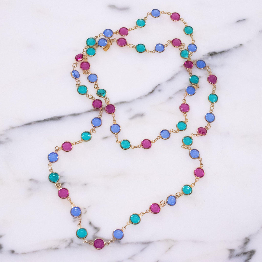 Vintage Swarovski Bezel Set Crystal Jewel Tone Necklace in Blue Green Pink Crystals by Swarovski - Vintage Meet Modern Vintage Jewelry - Chicago, Illinois - #oldhollywoodglamour #vintagemeetmodern #designervintage #jewelrybox #antiquejewelry #vintagejewelry
