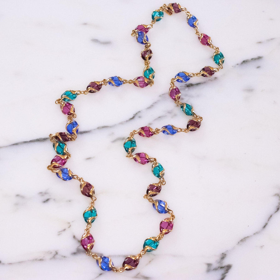 Vintage Swarovski Poured Crystal Jewel Tone Necklace Red Blue and Green by Swarovski - Vintage Meet Modern Vintage Jewelry - Chicago, Illinois - #oldhollywoodglamour #vintagemeetmodern #designervintage #jewelrybox #antiquejewelry #vintagejewelry