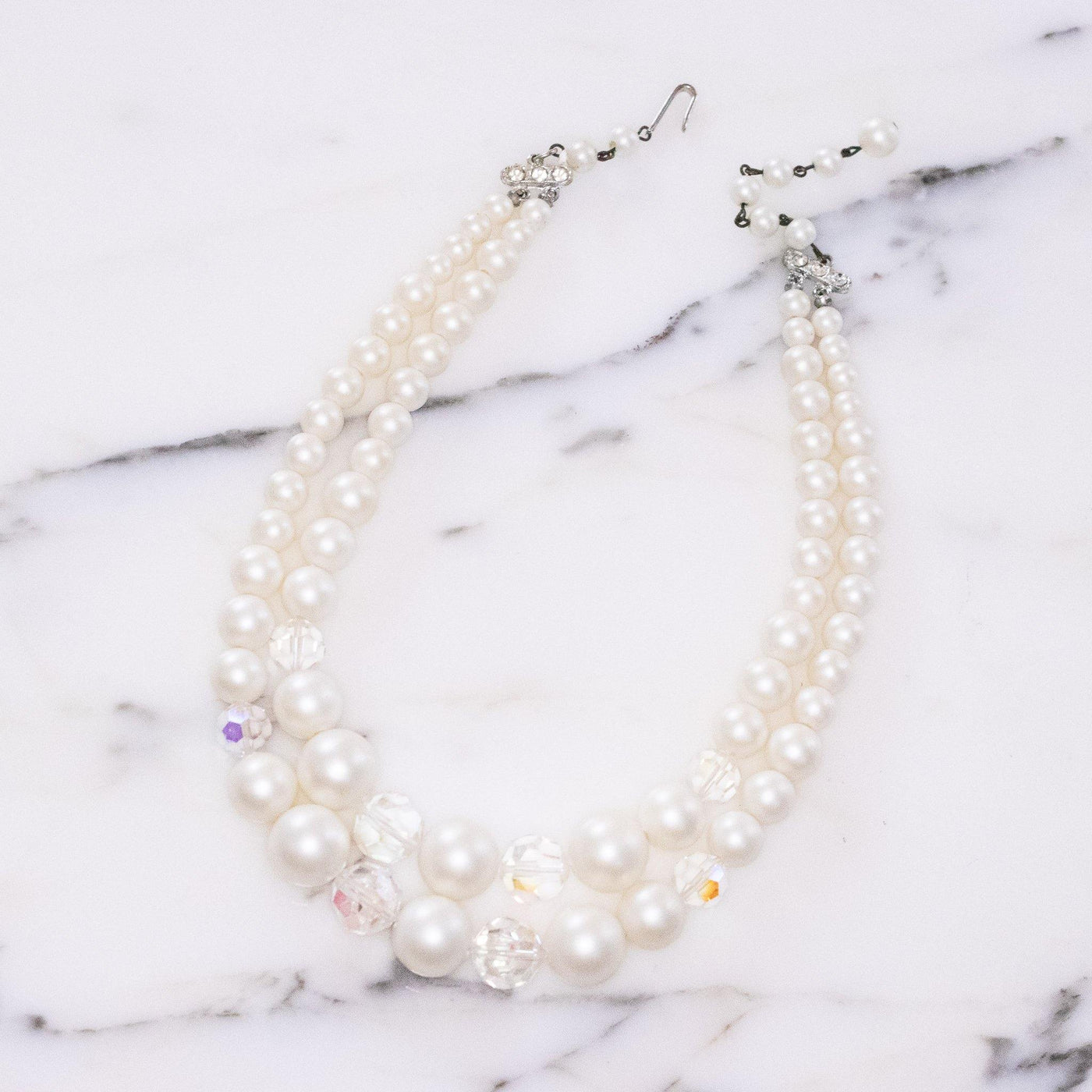 Vintage 1950s Double Strand Pearl and Aurora Borealis Beaded Necklace