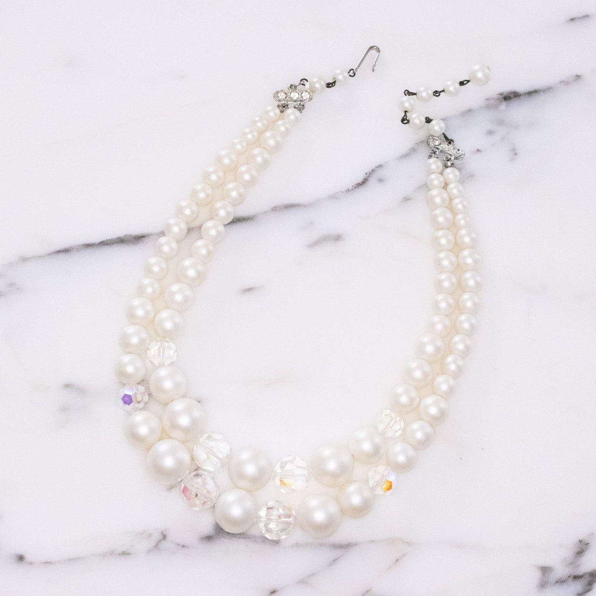 Vintage 1950s Double Strand Pearl and Aurora Borealis Beaded Necklace