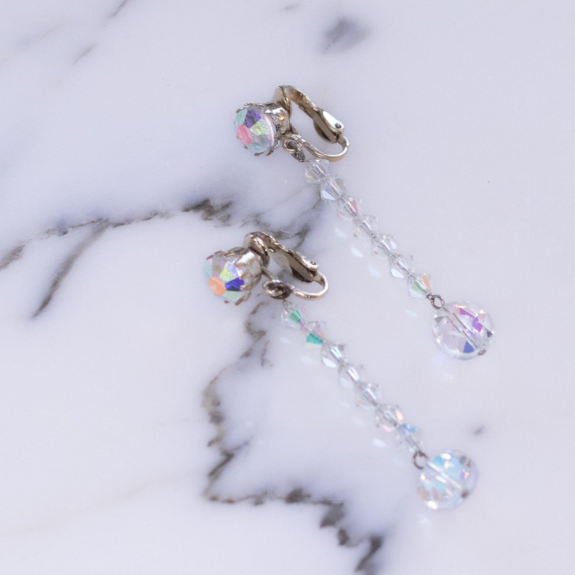 Vintage Aurora Borealis Dangling Bead Earrings by Vintage Meet Modern - Vintage Meet Modern Vintage Jewelry - Chicago, Illinois - #oldhollywoodglamour #vintagemeetmodern #designervintage #jewelrybox #antiquejewelry #vintagejewelry