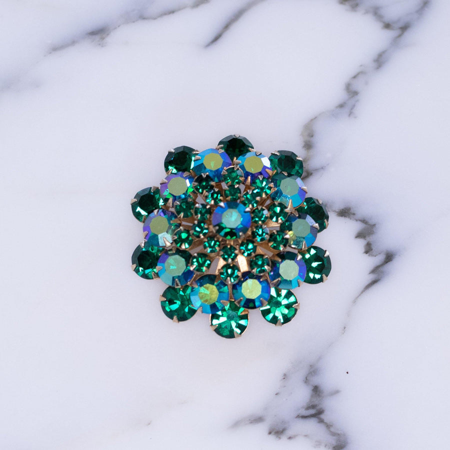 Vintage 1950s Green Blue Aurora Borealis Brooch by Vintage Meet Modern - Vintage Meet Modern Vintage Jewelry - Chicago, Illinois - #oldhollywoodglamour #vintagemeetmodern #designervintage #jewelrybox #antiquejewelry #vintagejewelry
