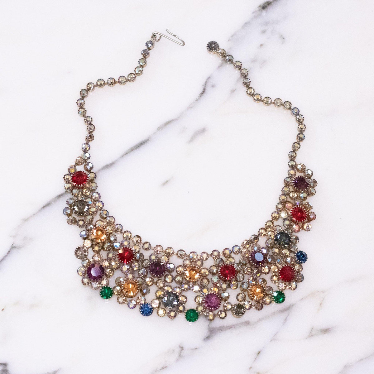 Vintage Leru Colorful Rhinestone Bib Statement Necklace