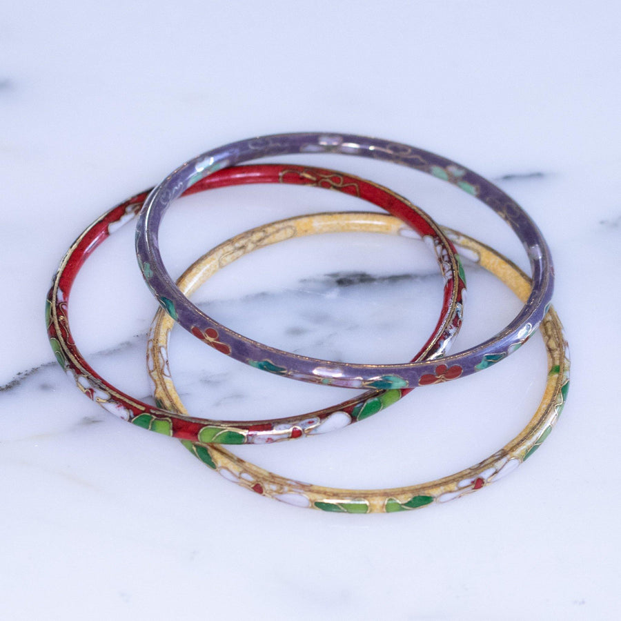 Vintage Set of Three Colorful Cloisonne Bangle Bracelets Red, Yellow, Purple by Cloisonne - Vintage Meet Modern Vintage Jewelry - Chicago, Illinois - #oldhollywoodglamour #vintagemeetmodern #designervintage #jewelrybox #antiquejewelry #vintagejewelry