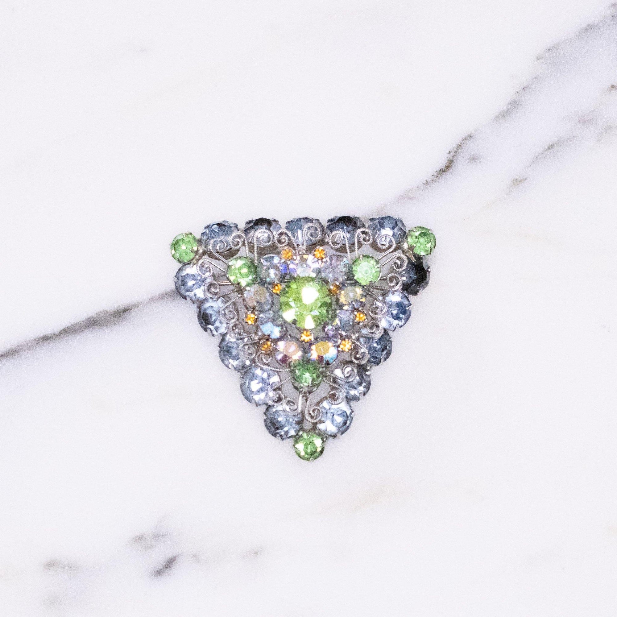 Vintage Light Blue Green Aurora Borealis and Citrine Rhinestone Brooch by Unsigned Beauty - Vintage Meet Modern Vintage Jewelry - Chicago, Illinois - #oldhollywoodglamour #vintagemeetmodern #designervintage #jewelrybox #antiquejewelry #vintagejewelry
