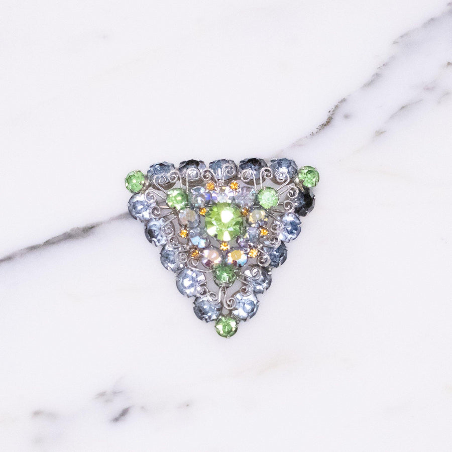 Vintage Light Blue Green Aurora Borealis and Citrine Rhinestone Brooch by Unsigned Beauty - Vintage Meet Modern Vintage Jewelry - Chicago, Illinois - #oldhollywoodglamour #vintagemeetmodern #designervintage #jewelrybox #antiquejewelry #vintagejewelry