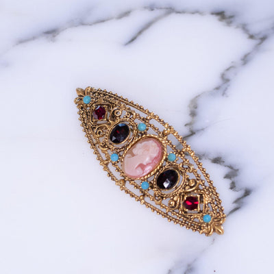 Vintage Florenza Sash Style Brooch with Cameo, Garnet Crystals and Turquoise Beads by Florenza - Vintage Meet Modern Vintage Jewelry - Chicago, Illinois - #oldhollywoodglamour #vintagemeetmodern #designervintage #jewelrybox #antiquejewelry #vintagejewelry