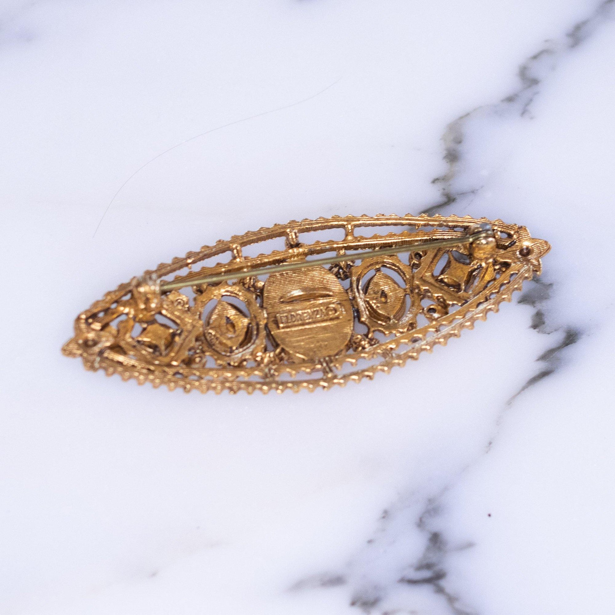 Vintage Florenza Sash Style Brooch with Cameo, Garnet Crystals and Turquoise Beads by Florenza - Vintage Meet Modern Vintage Jewelry - Chicago, Illinois - #oldhollywoodglamour #vintagemeetmodern #designervintage #jewelrybox #antiquejewelry #vintagejewelry
