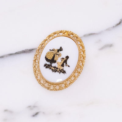 Vintage Victorian Revival Courting Scene Cameo Brooch Black Gold and White by West Germany - Vintage Meet Modern Vintage Jewelry - Chicago, Illinois - #oldhollywoodglamour #vintagemeetmodern #designervintage #jewelrybox #antiquejewelry #vintagejewelry