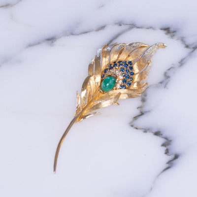 Vintage Mid Century Modern Gold Leaf Brooch with Blue and Diamante Rhinestones, Faux Jade by Vintage Meet Modern  - Vintage Meet Modern Vintage Jewelry - Chicago, Illinois - #oldhollywoodglamour #vintagemeetmodern #designervintage #jewelrybox #antiquejewelry #vintagejewelry
