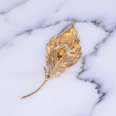 Vintage Mid Century Modern Gold Leaf Brooch with Blue and Diamante Rhinestones, Faux Jade by Vintage Meet Modern  - Vintage Meet Modern Vintage Jewelry - Chicago, Illinois - #oldhollywoodglamour #vintagemeetmodern #designervintage #jewelrybox #antiquejewelry #vintagejewelry