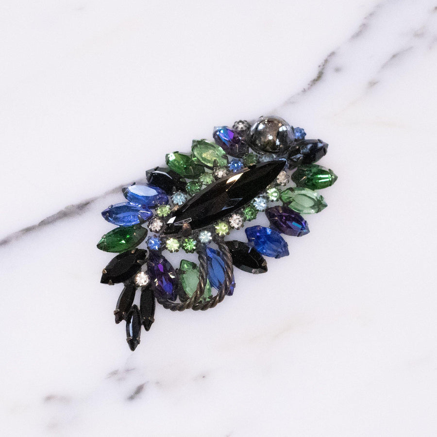 Vintage Jet Heamtite Sapphire Blue and Green Rhinestone Brooch by Unsigned Beauty - Vintage Meet Modern Vintage Jewelry - Chicago, Illinois - #oldhollywoodglamour #vintagemeetmodern #designervintage #jewelrybox #antiquejewelry #vintagejewelry