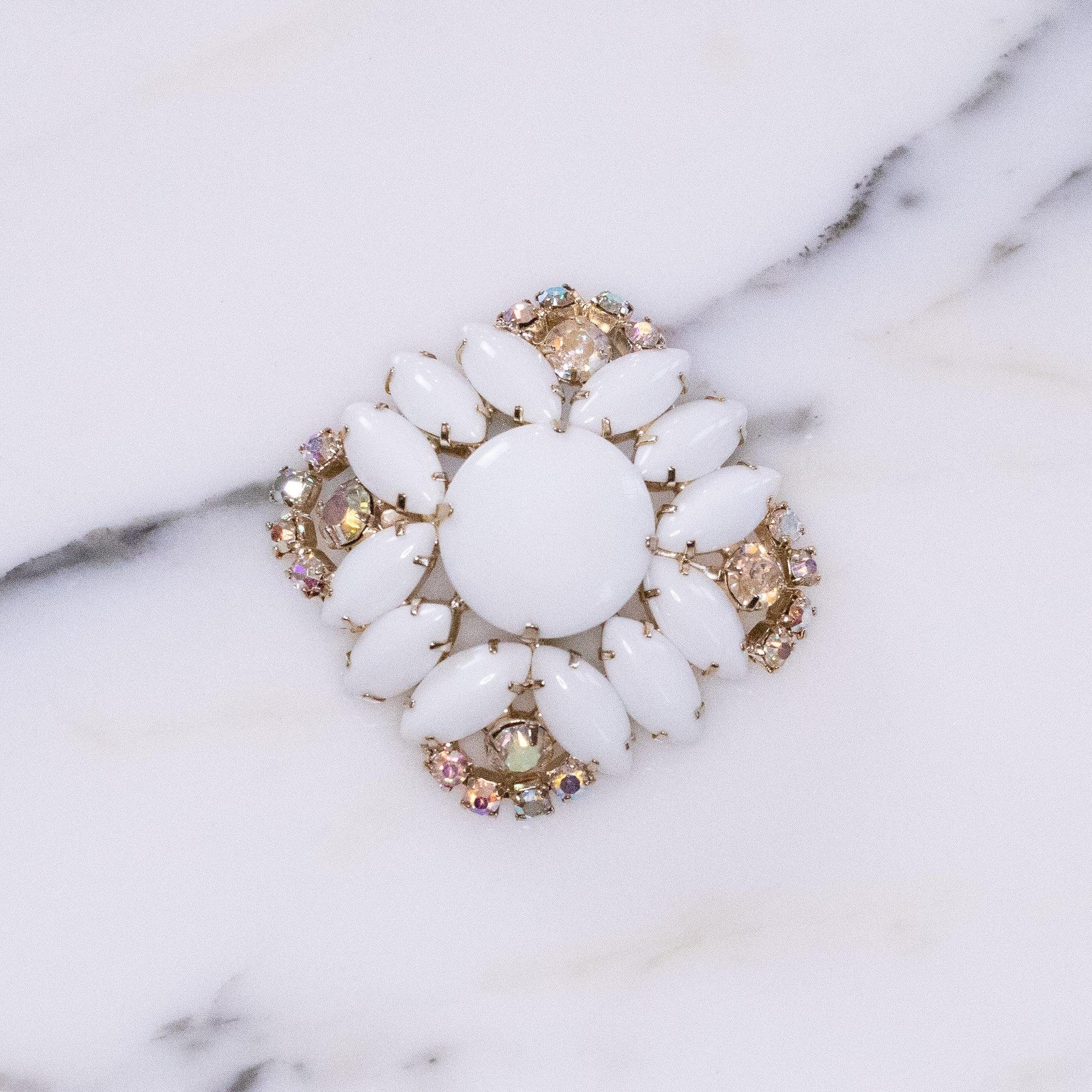 Vintage White Milk Glass and Aurora Borealis Brooch by Vintage Meet Modern - Vintage Meet Modern Vintage Jewelry - Chicago, Illinois - #oldhollywoodglamour #vintagemeetmodern #designervintage #jewelrybox #antiquejewelry #vintagejewelry