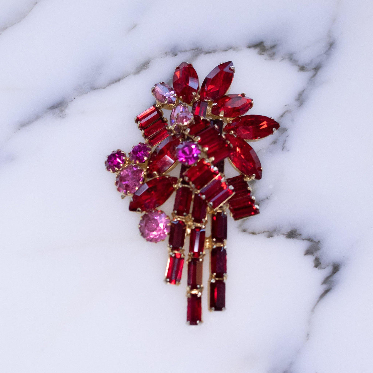 Vintage Red and Pink Rhinestone Brooch