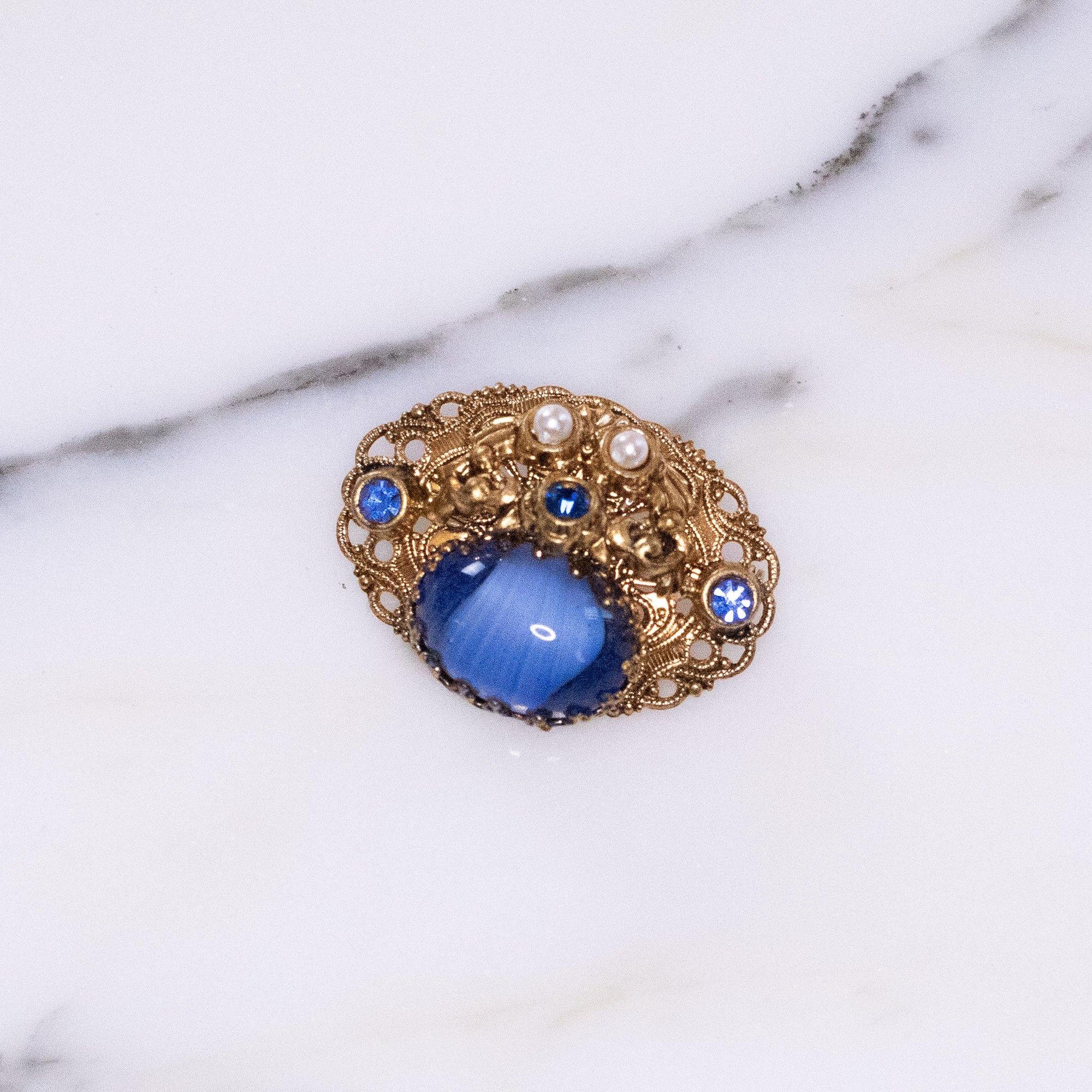 Vintage West Germany Small Givere Blue Glass, Faux Pearl Gold Filigree Brooch by West Germany - Vintage Meet Modern Vintage Jewelry - Chicago, Illinois - #oldhollywoodglamour #vintagemeetmodern #designervintage #jewelrybox #antiquejewelry #vintagejewelry