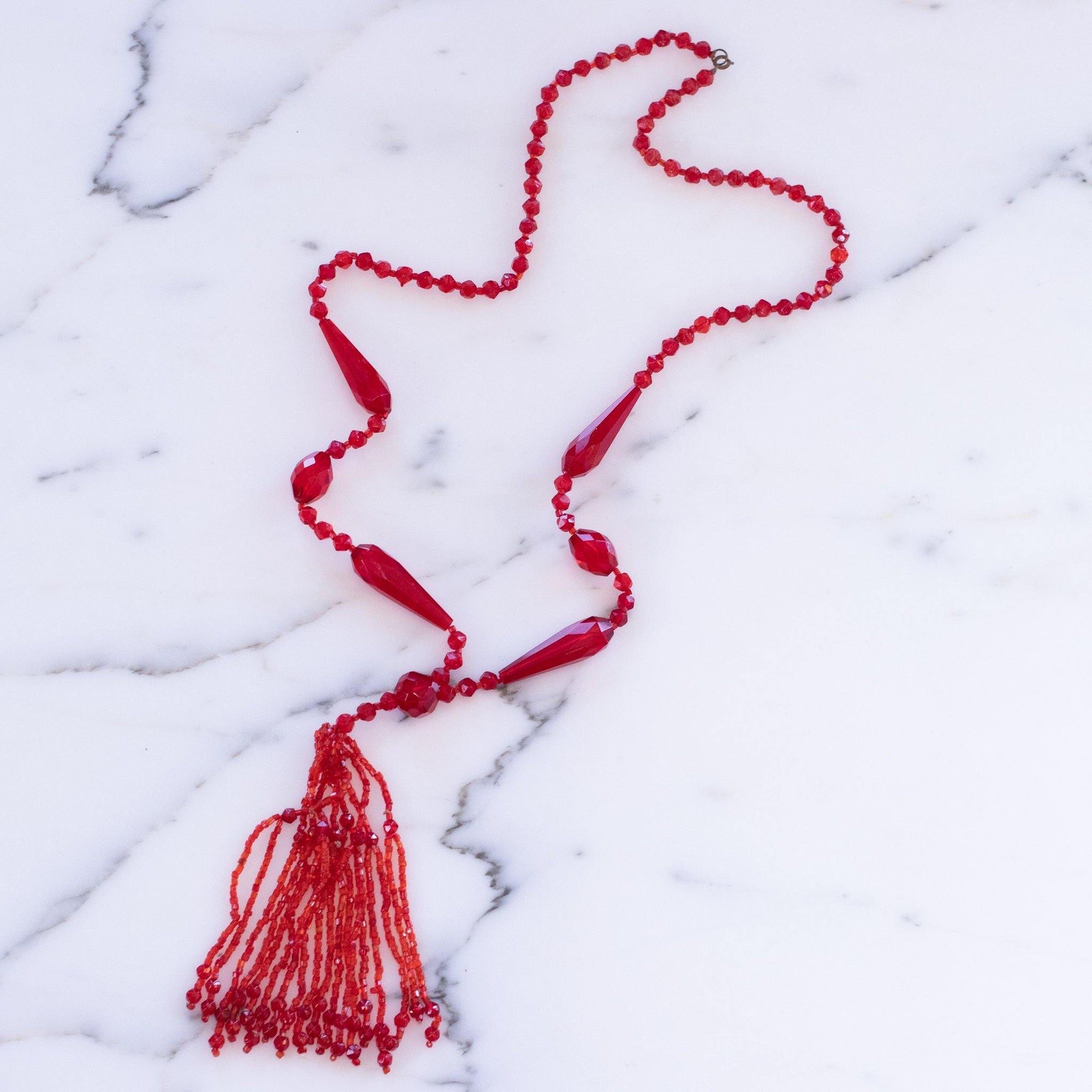 Vintage Art Deco Czech Red Glass Beaded Tassel Necklace by Vintage Meet Modern - Vintage Meet Modern Vintage Jewelry - Chicago, Illinois - #oldhollywoodglamour #vintagemeetmodern #designervintage #jewelrybox #antiquejewelry #vintagejewelry