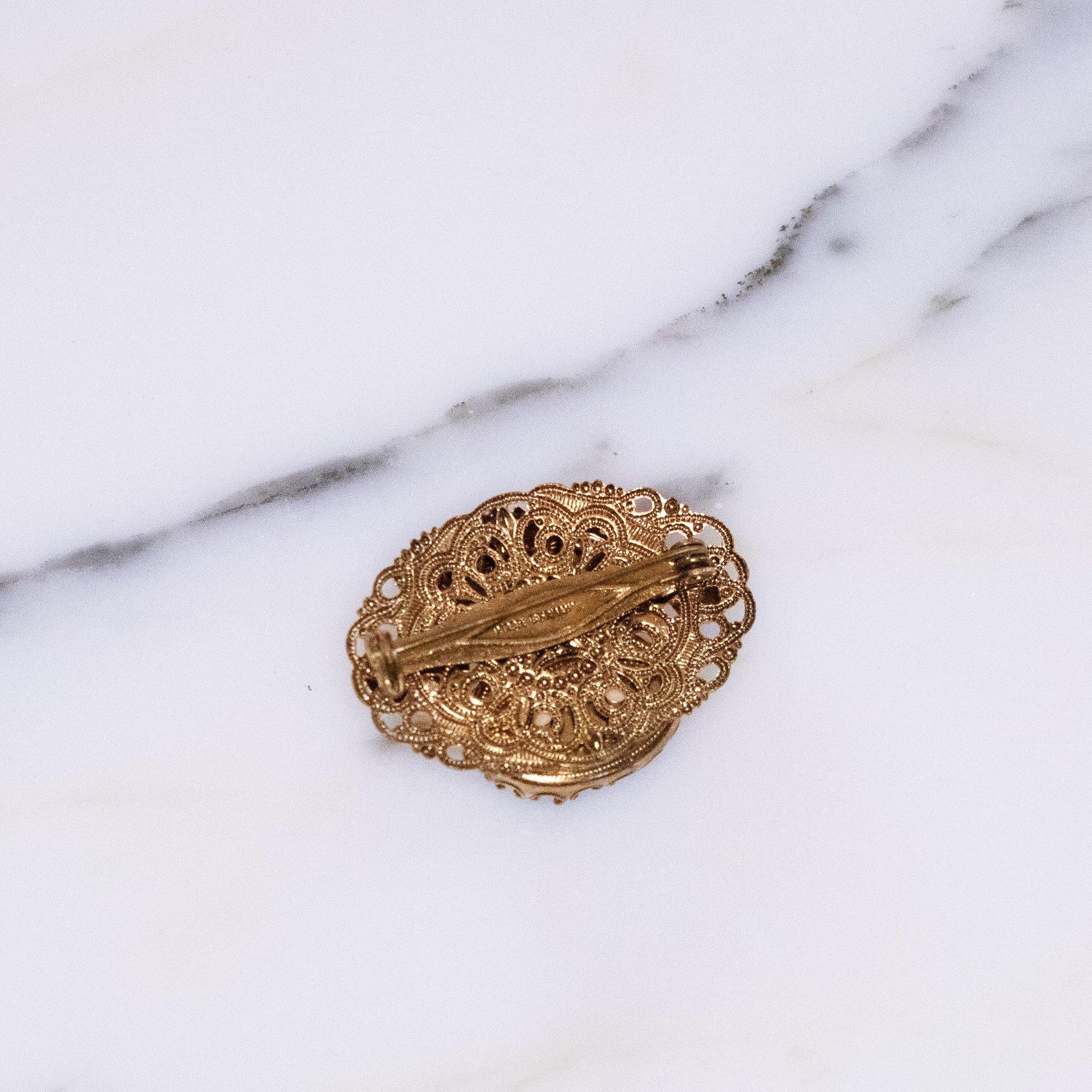 Vintage West Germany Small Givere Blue Glass, Faux Pearl Gold Filigree Brooch by West Germany - Vintage Meet Modern Vintage Jewelry - Chicago, Illinois - #oldhollywoodglamour #vintagemeetmodern #designervintage #jewelrybox #antiquejewelry #vintagejewelry