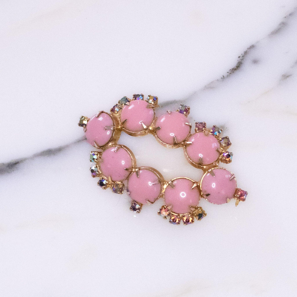 Vintage 1950s Aurora Borealis Brooch with Bubble Gum Pink Cabochons