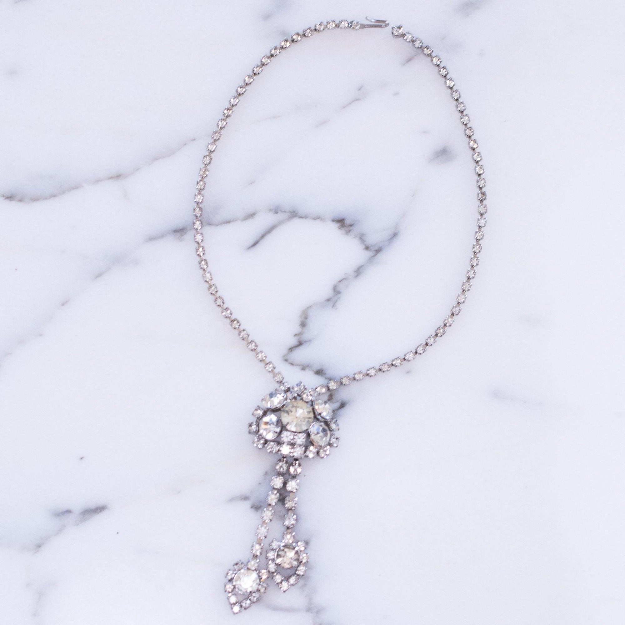 Vintage Art Deco Diamante Crystal Necklace, Dangle, Silver Tone Setting, Fish Hook Clasp by Art Deco - Vintage Meet Modern Vintage Jewelry - Chicago, Illinois - #oldhollywoodglamour #vintagemeetmodern #designervintage #jewelrybox #antiquejewelry #vintagejewelry