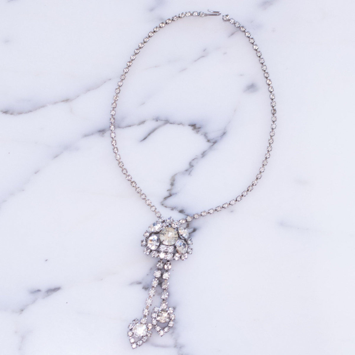 Vintage Art Deco Diamante Crystal Necklace, Dangle, Silver Tone Setting, Fish Hook Clasp
