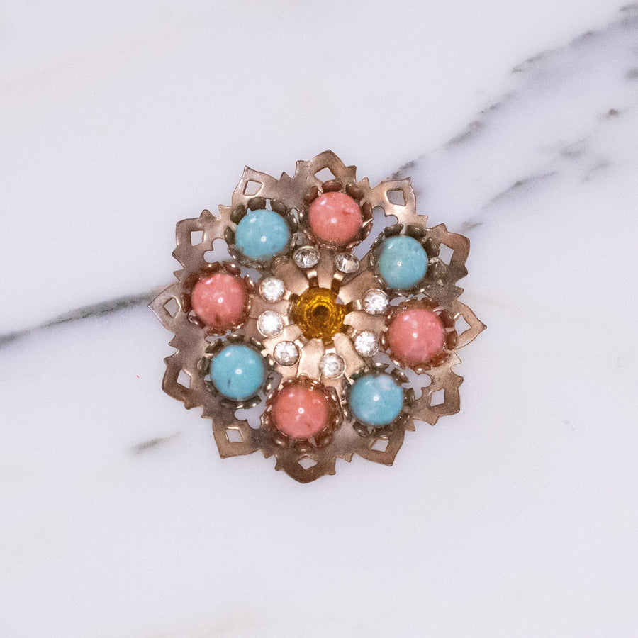 Vintage Coral Turquoise Art Glass Cabochon and Rhinestone Brooch Set in Rose Gold Tone by 1950s - Vintage Meet Modern Vintage Jewelry - Chicago, Illinois - #oldhollywoodglamour #vintagemeetmodern #designervintage #jewelrybox #antiquejewelry #vintagejewelry