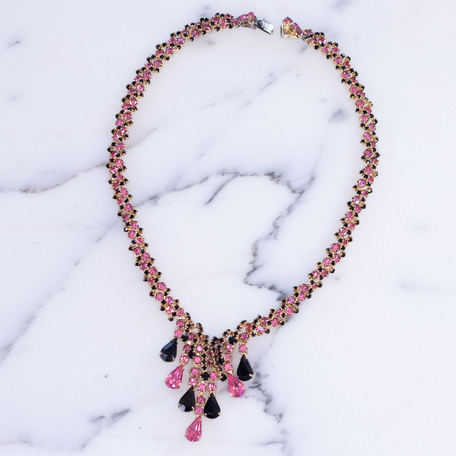 Vintage Kramer NY Pink and Black Rhinestone Tassel Necklace by Vintage Meet Modern - Vintage Meet Modern Vintage Jewelry - Chicago, Illinois - #oldhollywoodglamour #vintagemeetmodern #designervintage #jewelrybox #antiquejewelry #vintagejewelry
