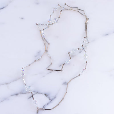 Vintage Aurora Borealis Crystal and Silver Long Flat Link Chain Necklace by Aurora Borealis - Vintage Meet Modern Vintage Jewelry - Chicago, Illinois - #oldhollywoodglamour #vintagemeetmodern #designervintage #jewelrybox #antiquejewelry #vintagejewelry