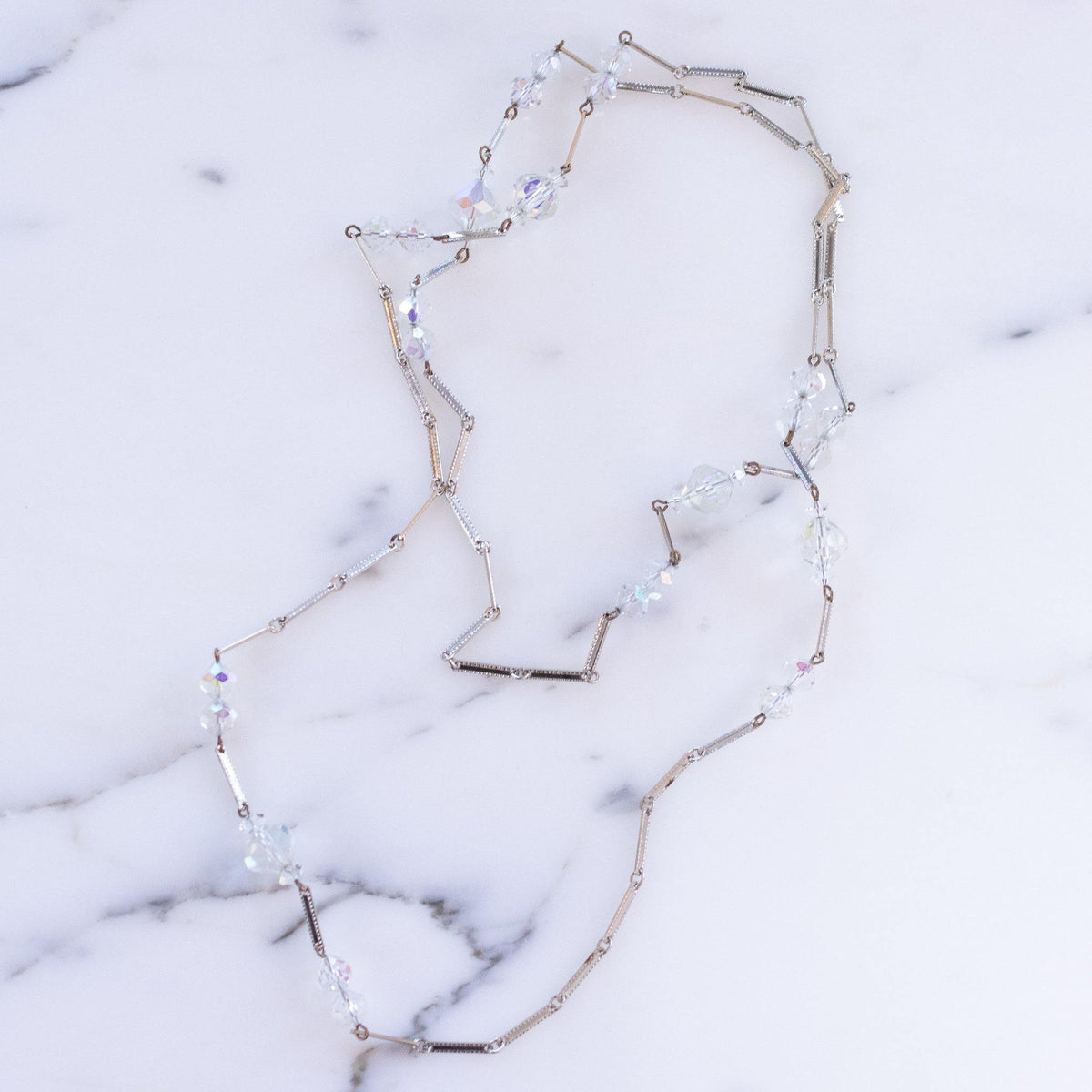 Vintage Aurora Borealis Crystal and Silver Long Flat Link Chain Necklace